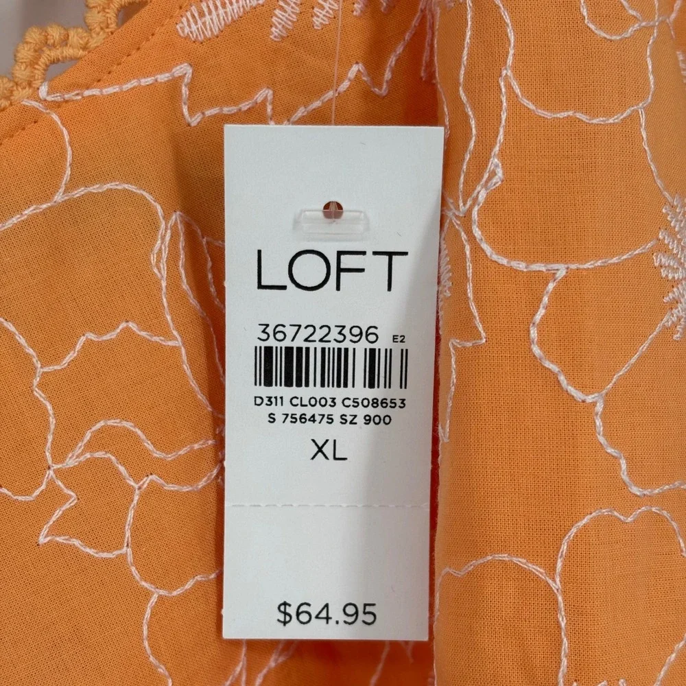 LOFT Orange Floral Embroidered Open Back‎ Puff Sleeve Top XL NWT 36722396